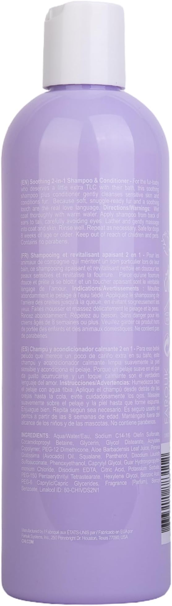 CHI Vibes for Dogs Soothing 2 in 1 Dog Shampoo and Conditioner Sensitive Skin Cleanser Dog Deodorizer for Puppies and Adults Vegan pH Balanced Gluten Paraben Free Made in USA 12 FL OZ Grooming