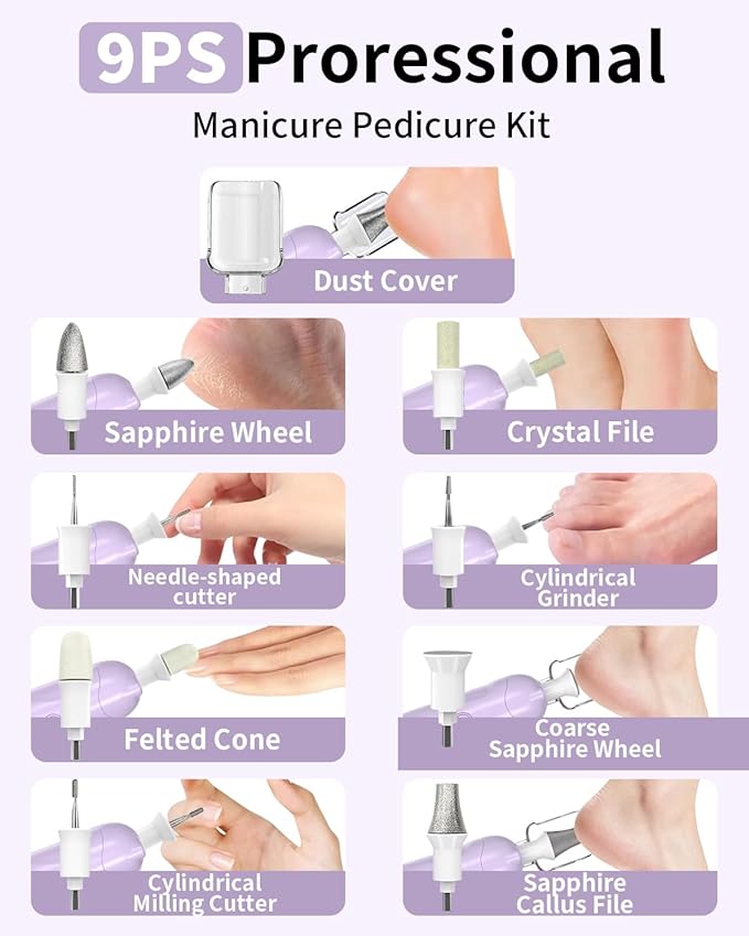 Cordless Electric Nail File Set, Rechargeable Pedicure Tools for feet, Professional Manicure Pedicure Kit 5 Speeds Hand Foot Care Nail Drill for Thick Nail Toenail Cuticle Women Men Pets, Oil-Purple
