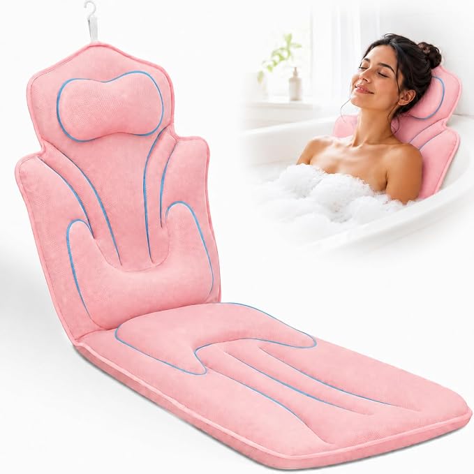 Full Body Bath Pillow for Bathtub - Thick Bathtub Cushion, Bathtub Pillow with 114 Suction Cups, 5D Air Mesh Bath Pillows for Tub Full Body, Head Neck Back Support, Pink 59 x 20 in