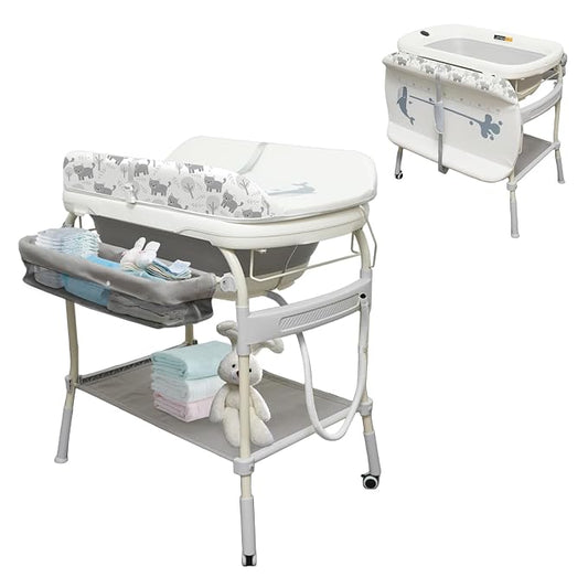 2 in 1 Baby Bathtub with Changing Table, DEYGIA Waterproof Diaper Changing Station Portable Changing Table Adjustable Height Nursery Organizer with Storage Rack for Newborn Infant Toddler, Cat Pattern