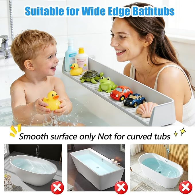 Splash Guard for Bathtub, Silicone Bathtub Tray for Kids with 11 Suction Cups, Bathtub Edge Water Guard, Prevent Water Spills, Toy Storage Shelf for Toddlers & Babies Bath Time(2.6FT, Grey)