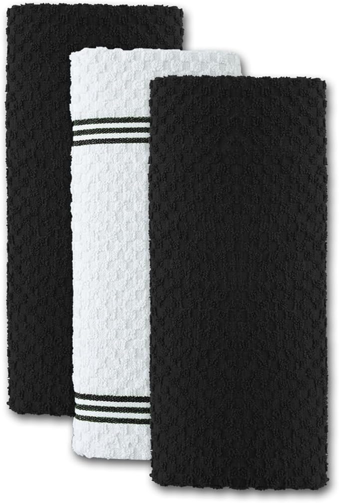 Infinitee Xclusives Premium Kitchen Towels – Pack of 3, 100% Cotton |15 x 25| Inches Absorbent Dish Towels - Terry Kitchen Dishcloth Towels - Black Dish Cloth for Household Cleaning