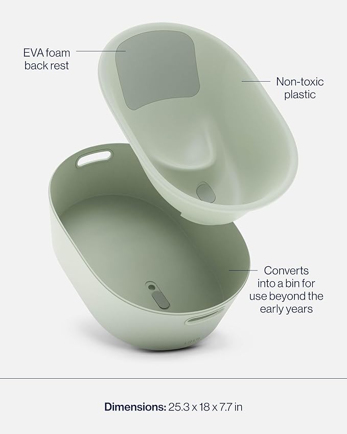 Lalo Bathtime Starter Kit - 3-Piece Set Includes Modern Baby Bathtub, Rinse Cup & Spout Cover - Safe, Easy to Clean Design for Newborns - 25.3 x 18 x 7.7 in, 10 lb - Sage