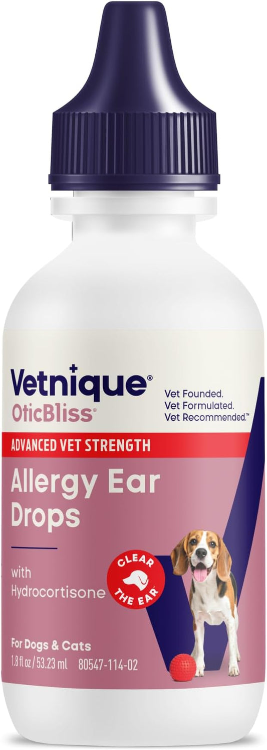 Vetnique Oticbliss Allergy Ear Drops for Dogs & Cats, Otic Ear Solution for Dogs with 1% Hydrocortisone, Itch Relief, Redness, Swelling, Inflammation, Alcohol Free Medicated Drops Chitosan