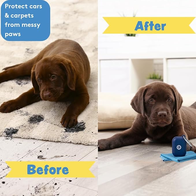 Portable Dog Paw Towel, Lightweight & Super Absorbent Microfiber, Clips onto Leash, Quick Drying Towel for Dogs Paws with Silicone Case, Dry Dog’s Paws on The Go - Small - Newport Navy