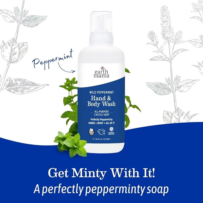 Earth Mama Wild Peppermint Hand & Body Wash | Foaming Castile Soap Liquid and Hand Soap, Made with Organic Wild Mint & Peppermint Oil, 34 fl oz