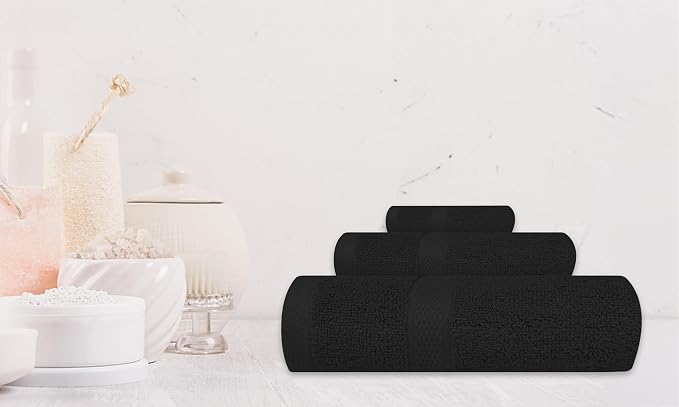 Luxury 8 Piece Set, 2 Bath Towels 2 Hand Towels 4 Washcloths, 100% Cotton Towels for Bathroom, Home, Spa, Hotel & Gym – Ultra Soft, Highly Absorbent, Quick Dry (Black)