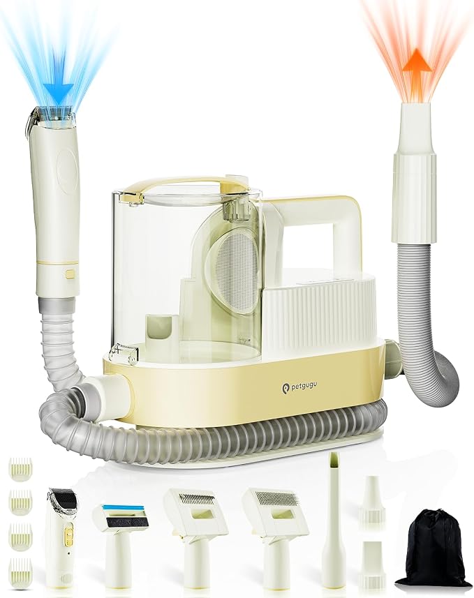 PETGUGU Dog Grooming Vacuum for Shedding Grooming,Dog Vacuum with 7‑in‑1 Clipper,3‑Speed Adjustable & Temp Control Blower,Low Noise Pet Hair Vacuum,2.5L Dust Cup,Reduces Flying Hair,Easy Cleanup