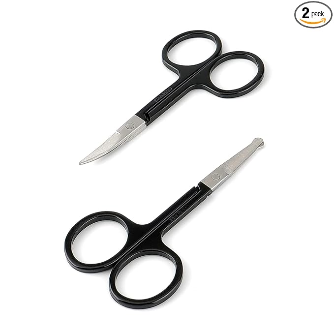 Facial Hair Small Grooming Scissors For Men Women - Eyebrow, Nose Hair, Mustache, Beard, Eyelashes, Ear Trimming Kit - Curved and Rounded Safety Tip Clippers For Hair Cutting- 2PCS Black