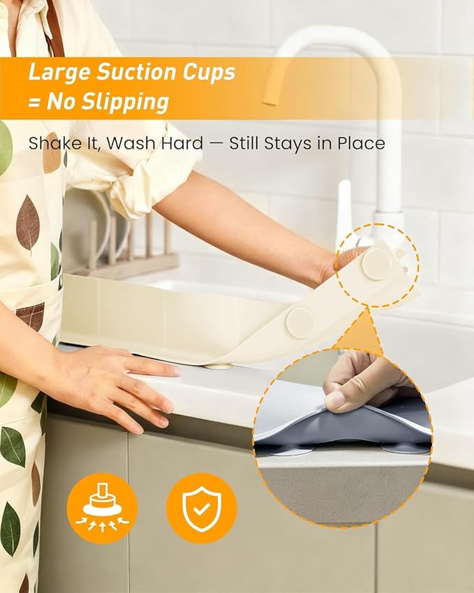 Kitchen Sink Splash Guard 30" 23" 18" Silicone Water Guard with Suction Cups, Faucet & Countertop Protector, Bathroom & Sink Edge Splash Guard Strip, Easy Install, Dishwasher Safe-Cream