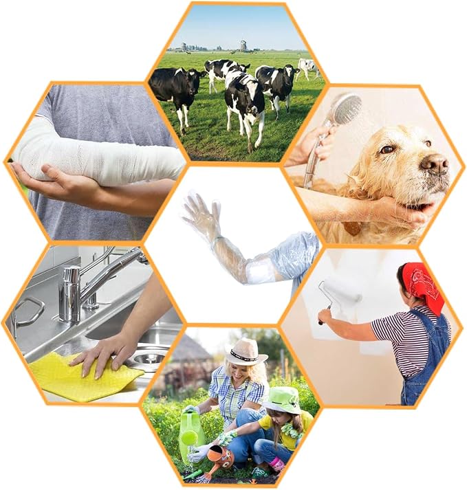 50Pcs Waterproof Arm Cast Cover for Shower Bath (Built-in Elastic Band) Disposable Long Gloves Plastic Full Arm 35.5 inch Field Dressing Cow Palpation Garden Operations Pet Cleaning Food Prep