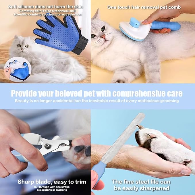 Rollup Cat Gloves, Pet Nail Clippers, Nail Grinders, Brush Removal, Multi-Functional Pet Care Tool Kit