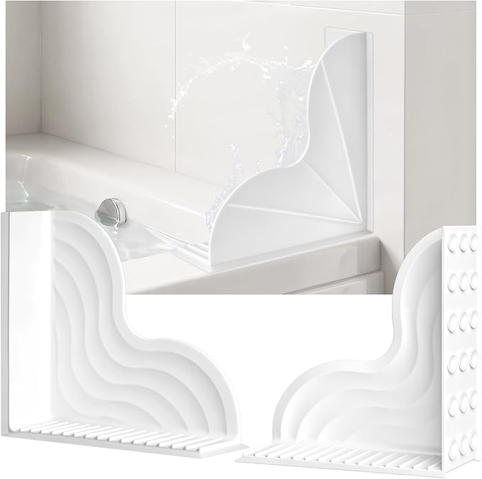 Dreamtop No-Adhesive Silicone Shower Splash Guard - 2 Packs Reusable Shower Corner Water Guard with Strong Suction Cups, Shower Water Blocker for Bathtub Bathroom to Keep Water in Shower (White)