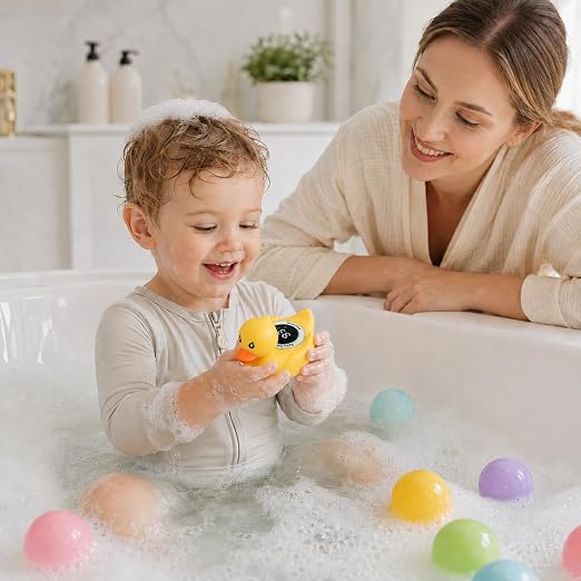 Baby Bathtub Thermometer with LED Display Screen+Cute Duck toy-2-in-1 | Color Coded Alarm (Cold/Comfortable/hot) Bath Temperature Monitor, Adorable Floating Toys for Infants, Essential for Babies