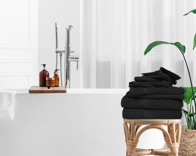 Luxury 8 Piece Set, 2 Bath Towels 2 Hand Towels 4 Washcloths, 100% Cotton Towels for Bathroom, Home, Spa, Hotel & Gym – Ultra Soft, Highly Absorbent, Quick Dry (Black)