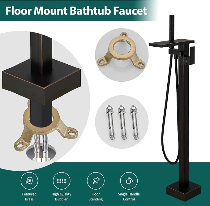 Hoimpro Tub Filler Freestanding Bathtub Faucet Oil Rubber Bronzed Floor Mount Tub Faucet Waterfall Free Standing Bathtub Filler High Flow Brass Bath Shower Faucets with Handheld Sprayer