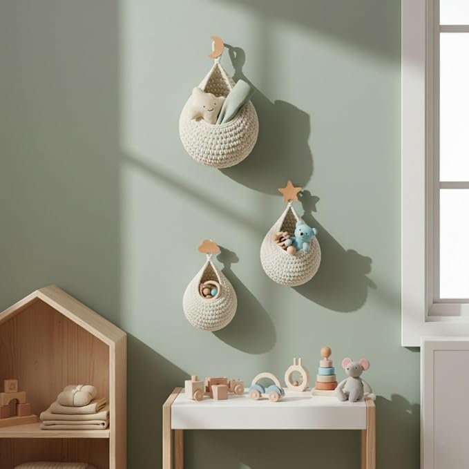 3-Pack Hanging Wall Baskets w/ Decorative Hooks, Cotton Rope Storage for Nursery & Kids Room, Kitchen & Bath, Wall Organizer for Toys, Stuffed Animals, Fruit & Accessories