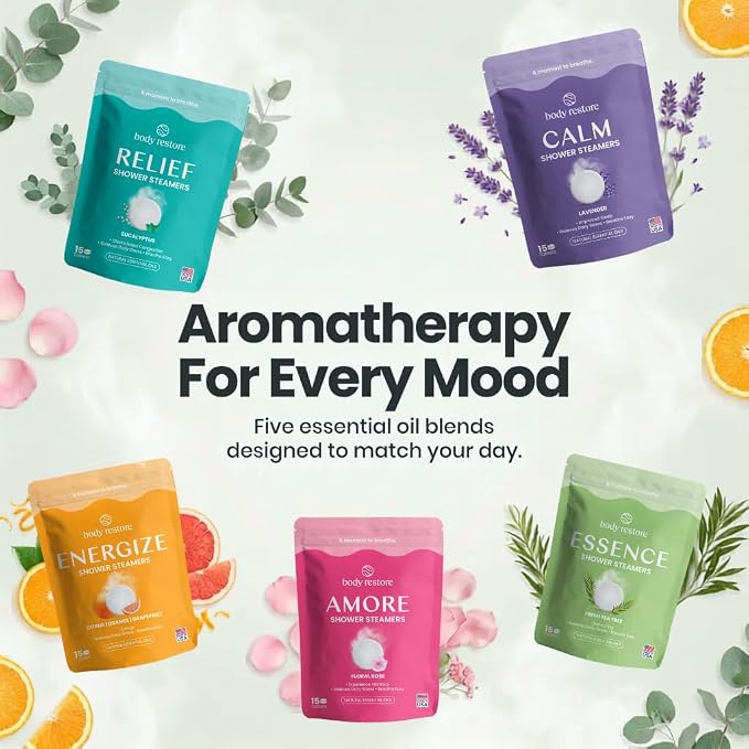 BodyRestore Shower Steamers Aromatherapy, Self Care Gifts, Essence 15 Pack | Birthday Gifts for Men, Spa Stress Relief & Relaxation, Refreshing & Cooling,Green Tea Essential Oil Tablets