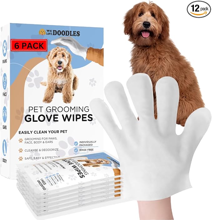 We Love Doodles Dog Cleaning Gloves Wipes - Pet Bathing Wipes for Dogs, Paws, Face, Body, Ears - Safe, Easy & Effective - Individually Packaged, Rinse-Free, Double-Sided, Alcohol-Free (6 Pieces)