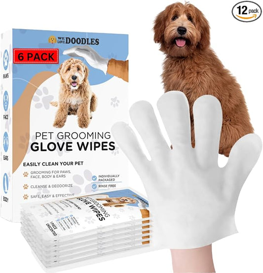 We Love Doodles Dog Cleaning Gloves Wipes - Pet Bathing Wipes for Dogs, Paws, Face, Body, Ears - Safe, Easy & Effective - Individually Packaged, Rinse-Free, Double-Sided, Alcohol-Free (6 Pieces)