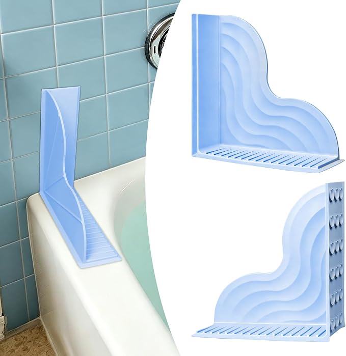 BUCABUCA 2-Pack Silicone Shower Splash Guard with Strong Suction Cups, No Adhesive L-Shaped Bathroom Water Splash Blocker, Reusable Silicone Water Guard for Bathtub, Washbasin, Kitchen Sink (Blue)