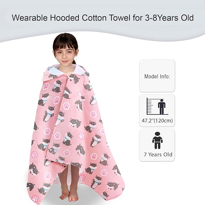 VOOVA & MOVAS Kids Hooded Beach Towel (3-8 Years) – 100% Cotton Soft Bath & Swim Towel (30"x49"), Quick Dry Absorbent, Cute Dog Design for Girls – Perfect for Pool, Beach, Bath