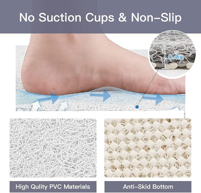 Bathtub Mat Non Slip Shower Mat Soft PVC Loofah Bath Tub Mats with Drain for Bathroom Tub 40 x 16 Inch (White)