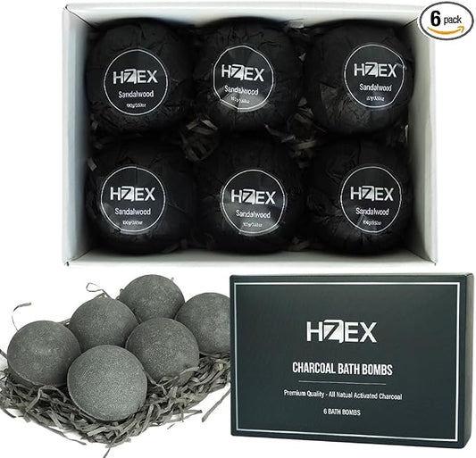 HZEX Charcoal Activated Bath Bombs for Men – Detox with Handmade Organic 6 Pack Bath Bomb Set, up to 3 Scents (Sandalwood, Bergamot, Ocean), Individually Wrapped (Sandalwood)