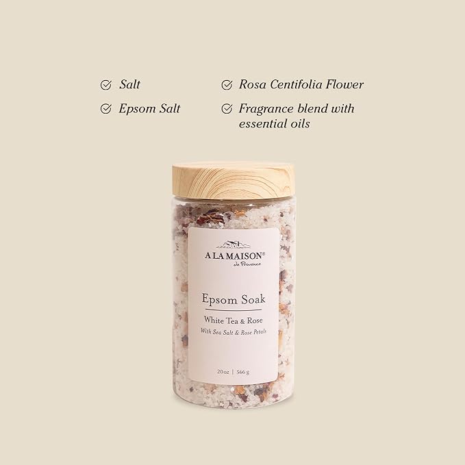 A LA MAISON Epsom Salt Bath Soak – White Tea & Rose – Muscle Relief Bath Soak with Magnesium – Relaxing Bath Salt – 20 oz – Amber Collection