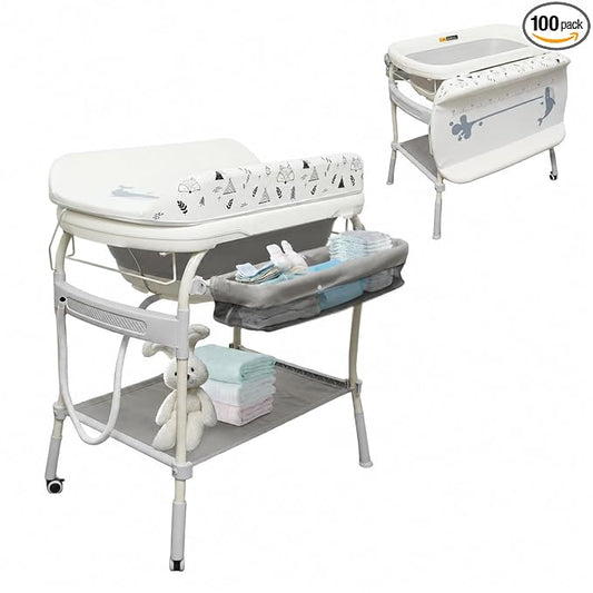 2 in 1 Baby Bathtub with Changing Table, DEYGIA Waterproof Diaper Changing Station Portable Changing Table Adjustable Height Nursery Organizer with Storage Racks for Newborn Infant Toddler