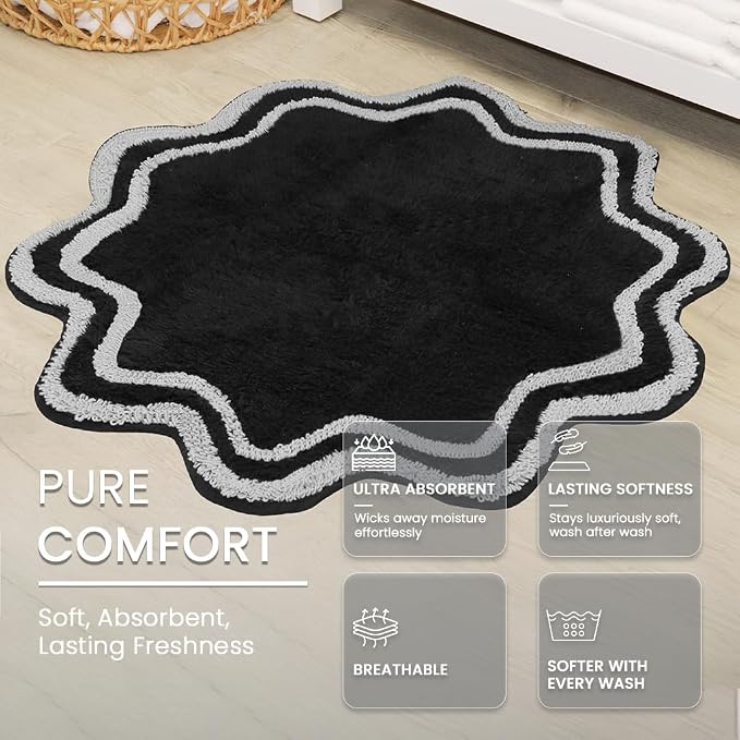 Home Weavers Allure Collection 100% Cotton Round Bath Rug, Soft & Absorbent Circular Bathroom Mat, Spray Latex Backing, Quick Dry, Machine Washable Bath Rug for Floor, Tub & Shower, 30" Round, Black