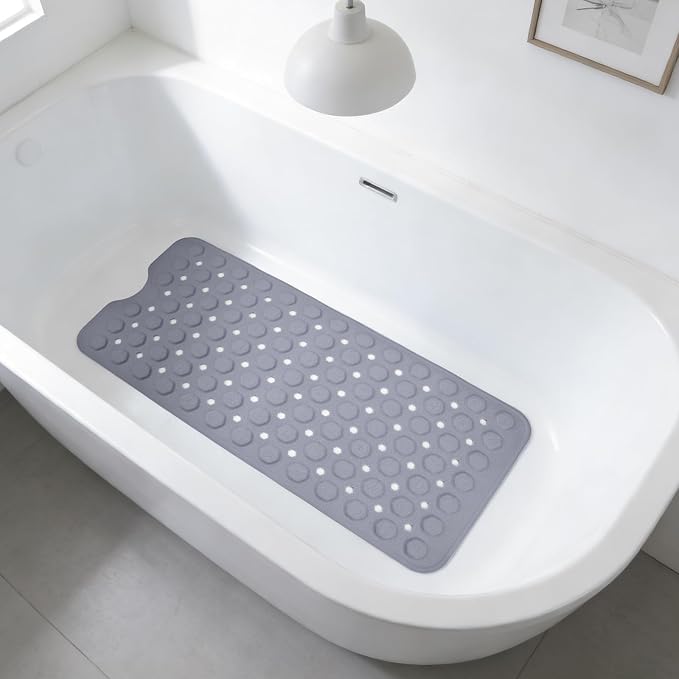 Silicone Non-Slip Bath Mat for Tub & Shower, 35x16 Inch - Acupressure Grip, Quick-Dry with Suction Cups & Drain Holes, Safe for Kids & Elderly, Machine Washable (Purple)