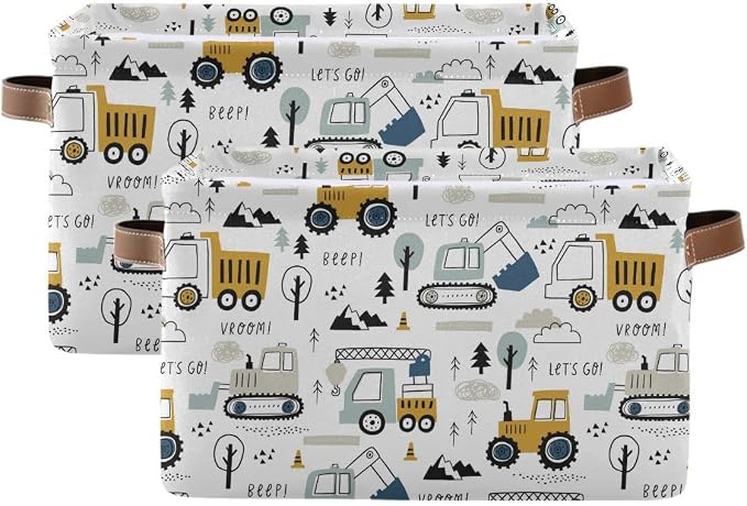Wamika Excavator Truck Toy Storage Basket Fabric Kitchen Baskets Cars Boys Toys Open Home Storage Bins Boxes Foldable Organizer Bag for Baby Cloth Book Shelf Closet Baskets 16×12×8 Inches