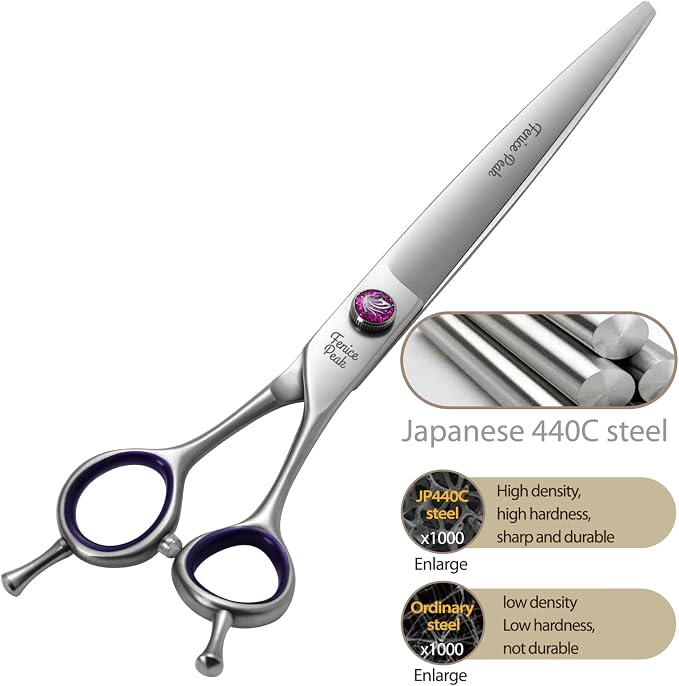 8'' Straight Dog Grooming Scissors with Decorative Screw Professional 440C Stainless Steel Metallic Pet Trimming Shears with Offset Handle Durable and Sharp