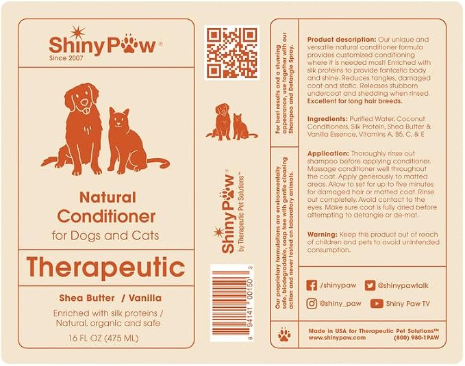 Dog Conditioner for Allergies and Itching | Shiny Paw Shea Butter & Vanilla Conditioner for Dogs & Cats | Dog Matted Hair Detangler | Made in THE USA | 16 oz