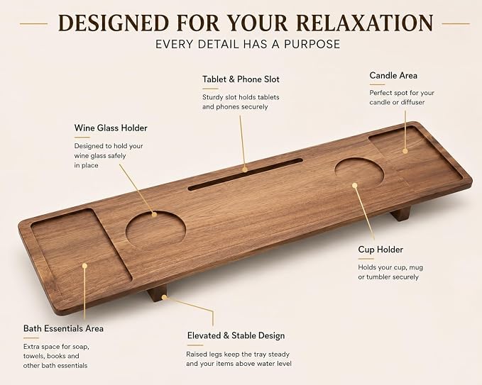 Luxury Wooden Bathub Caddy Tray - Premium Natural Acacia Bath Organizer with Wine Glass Holder, Tablet Slot and Phone Mount - Expandable Spa Board to Fit Most Tubs