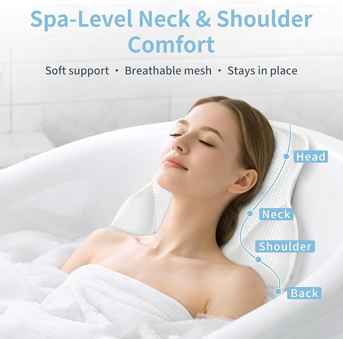 Thickened Anti-Slip Bath Pillow for Tub, 88 Powerful Suction Cups, 5D Mesh Fabric, Ergonomic Head Neck Back Support, Quick Drying and Machine Washable, Luxury Spa Gift for Women