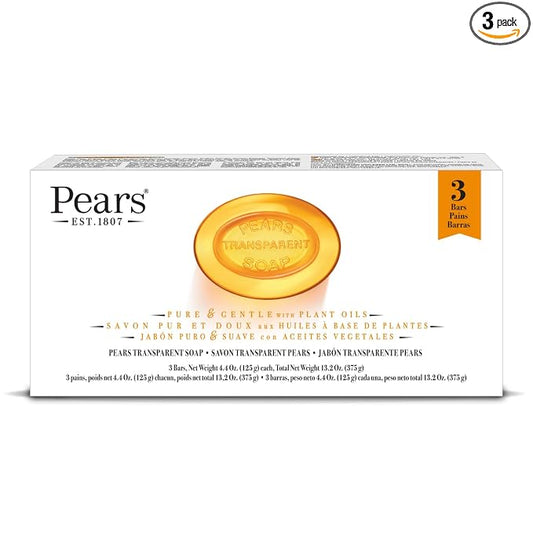 Pears Glycerin Soap, Transparent Amber Value Pack – Pure & Gentle Cleanser with Natural Oils, 3 Bars, 4.4 Oz Ea