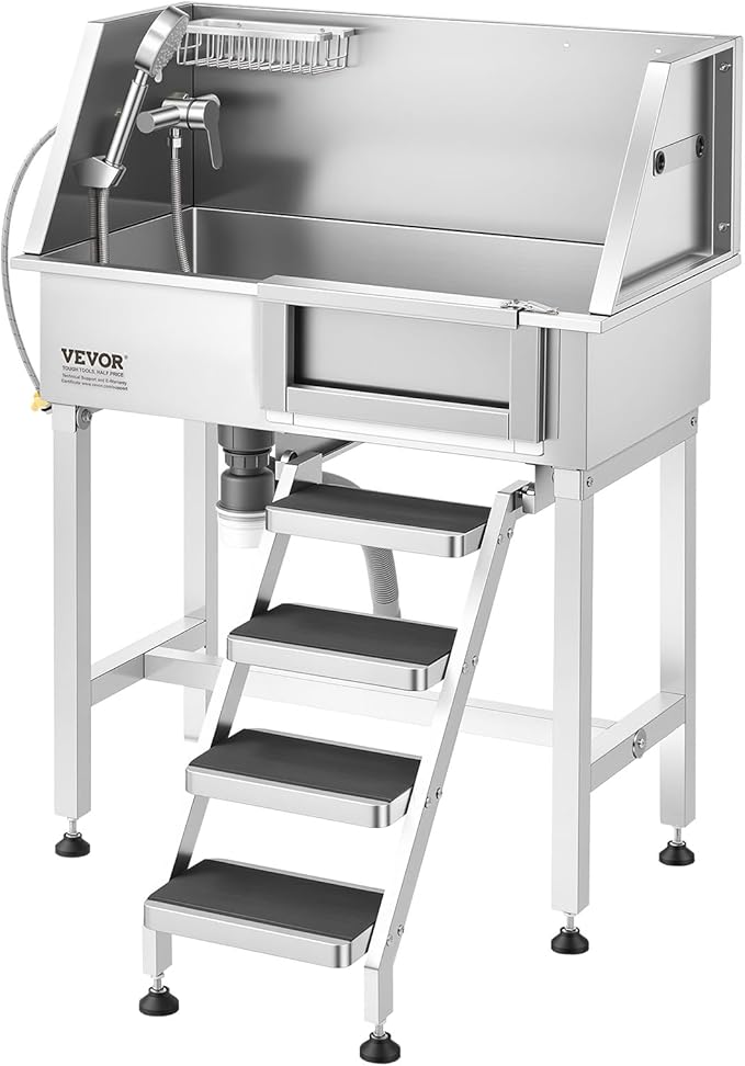 VEVOR Dog Washing Station, 34" Professional Stainless Steel Pet Grooming Tub Bathtub with Shower Faucet Soap Holder Non-Slip Stairs Right Door Easy Clean Pet Wash Sink for Small Dogs Cats