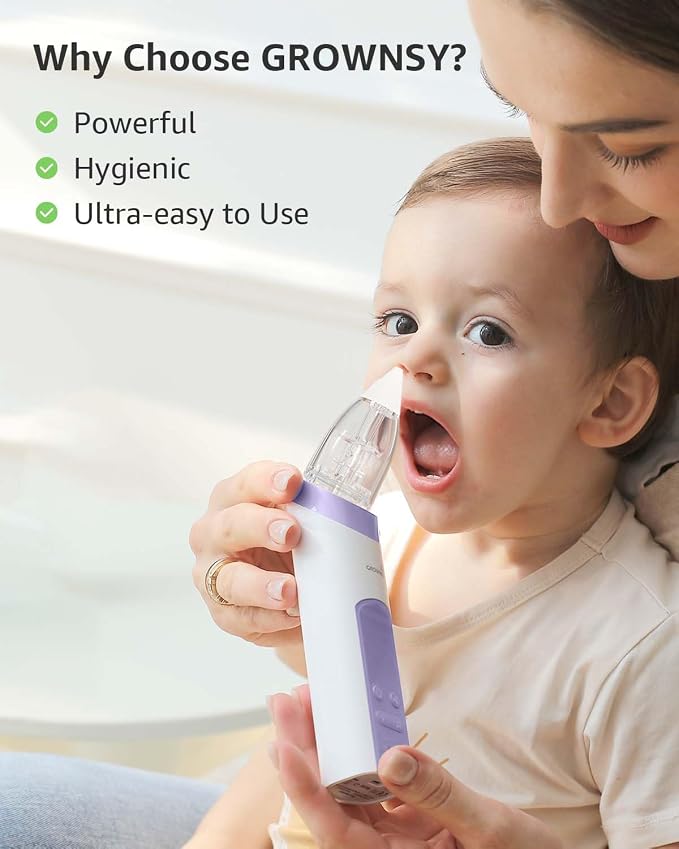 GROWNSY Nasal Aspirator for Baby, Electric Baby Nose Sucker, Automatic Nose Cleaner with Larger Suction Chamber and More Powerful Suction, Music and Light Soothing Function, Purple