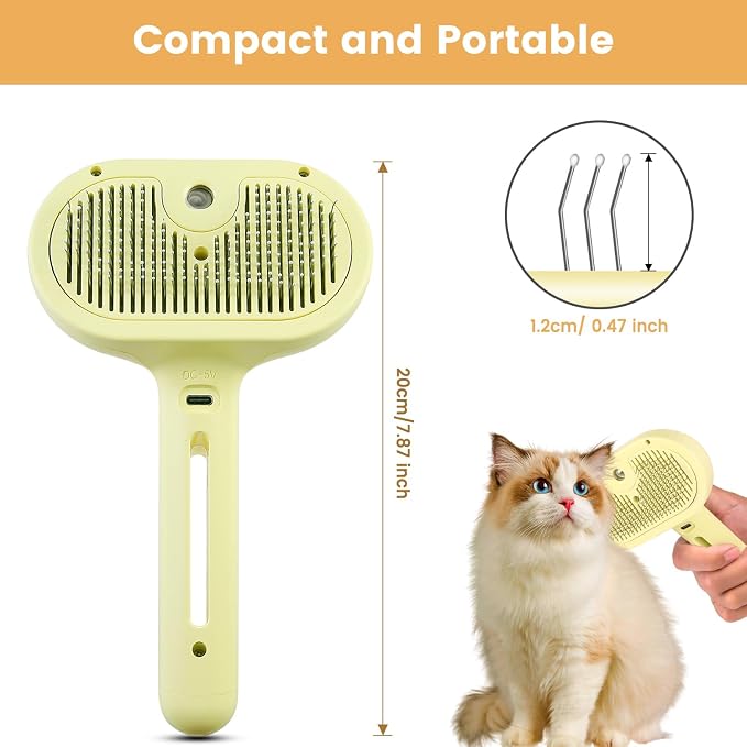 3 in 1 Cat Steam Brush, Pet Spray Hair Removal Comb for Shedding & Grooming, Water Brush for Cats Dogs Small Animals Long Short Haired with One-Click Release Button(Yellow)