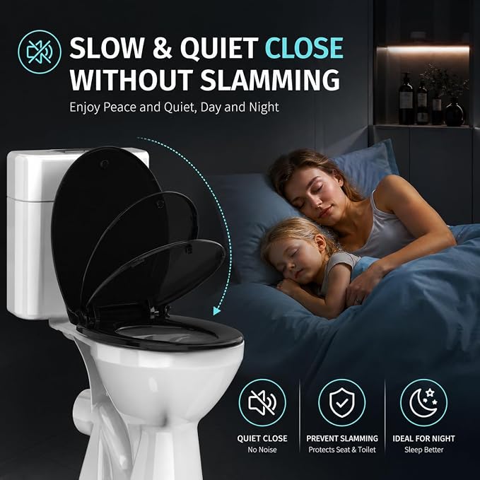 Black Round Toilet Seat 16.5 Inch, Soft Close Toilet Seat, Quiet No Slam Toilet Lid, Easy Install & Quick Release, Durable PP Plastic, Easy Clean, Fits Most Standard Round Toilets, Black