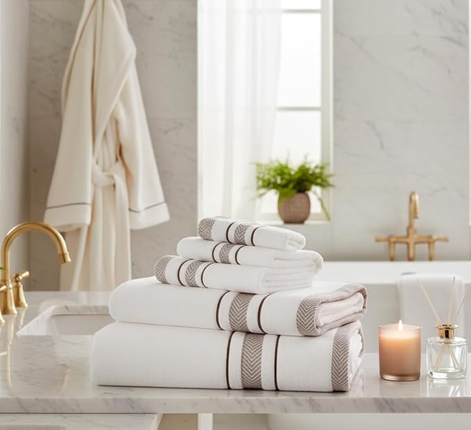 Bath Towels Set for Bathroom – Luxury 6-Piece Cotton Towels, Soft Absorbent & Quick Dry, 600 GSM Bath Towels for Bathroom, Hotel Spa Quality (2 Bath, 2 Hand, 2 Washcloths, White Brown Stripe)