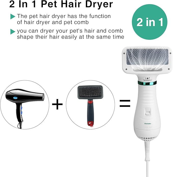 Ownpets Pet Hair Dryer, 2 in 1 Quiet Portable Pet Grooming Blower with Slicker Brush, Adjustable Temperature & Fast-Drying Towel, Home Pet Care for Dogs, Cats & Other Coated Breed