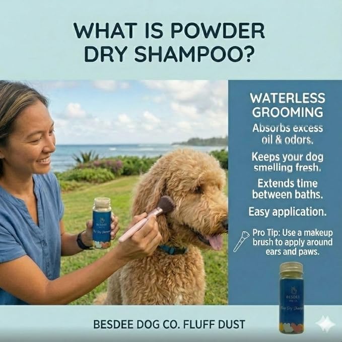 Fluff Dust Dry Shampoo for Dogs, Waterless Dog Shampoo & Pet Deodorizer for Smelly Dogs, Natural Formula, Made in Hawaii USA, 60 Grams