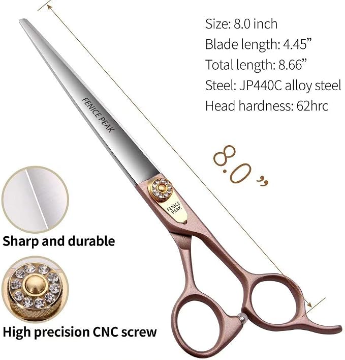 8'' Dog Straight Scissors for Grooming 440C Stainless Steel Rose Gold Professional Pet Trimming Scissors Sharp Blades Cutting for Dogs and Cats Shears
