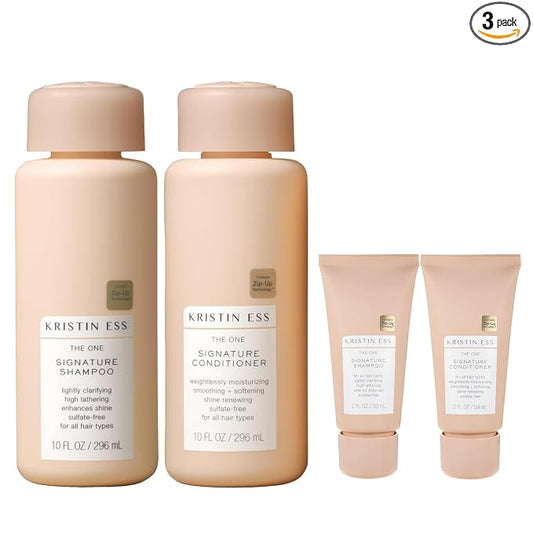 Kristin Ess Hair Signature Sulfate Free Full + Travel Size Shampoo and Conditioner Set for Moisture, Frizz + Shine - Color Safe, Vegan, Paraben Free - Clarifying, Hydrating Damage Repair for Women