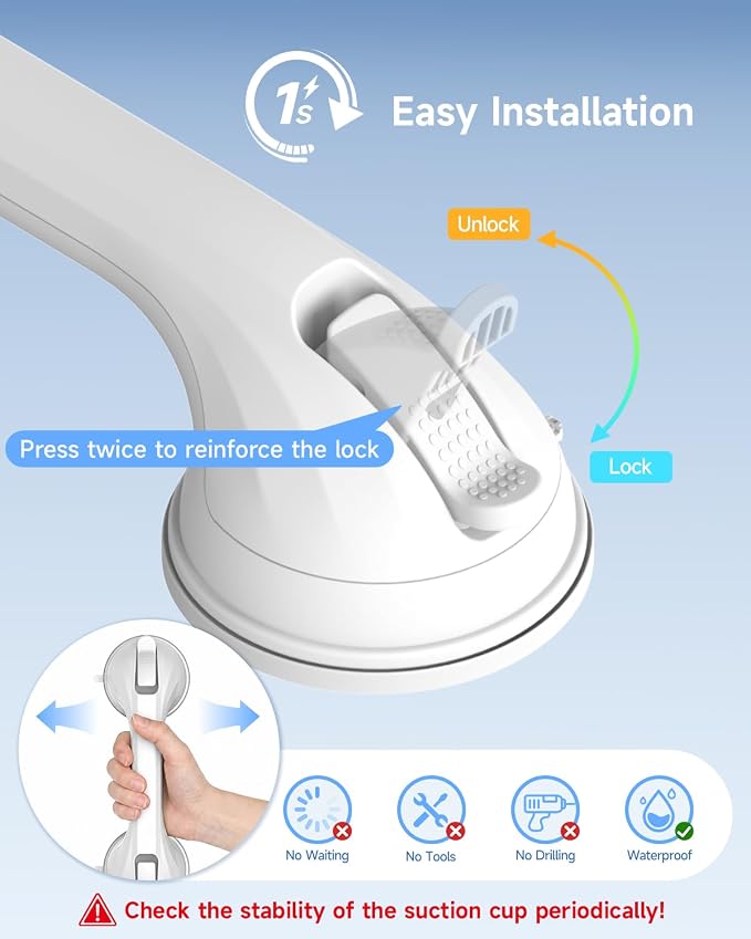 Shower Grab Bars for Shower and Bathtubs, 2 Pack Suction Shower Handle for Elderly, Suction Cup Removable Handrails Safety Grip, Heavy Duty and No Drilling, 12 in - White