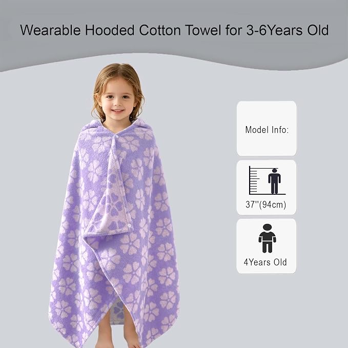 VOOVA & MOVAS Kids Hooded Beach Towel,(3-6 Years),100% Cotton,Absorbent Quick Dry Lightweight Hooded Towel for Pool | Swim | Beach | Bath, Girls Wrap Towel with Hood, Jacquard Purple Flower