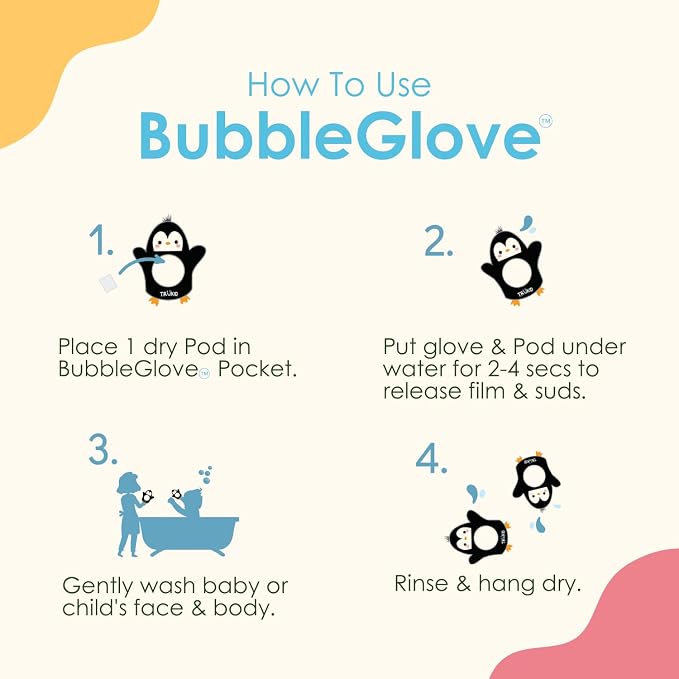 TruKid BubbleGlove, Bath Wash Gloves-Sponge - Hand Puppet for Kids & Toddler, Bath Sponge & Baby Washcloth Mitt for Kids & Adults, Body Scrubber for Mommy & Me - Penguin Set of 2